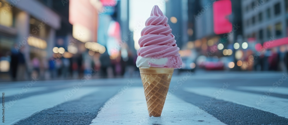 Aufkleber Vibrant ice cream cone in urban setting with blurred city background creating a lively summertime atmosphere.