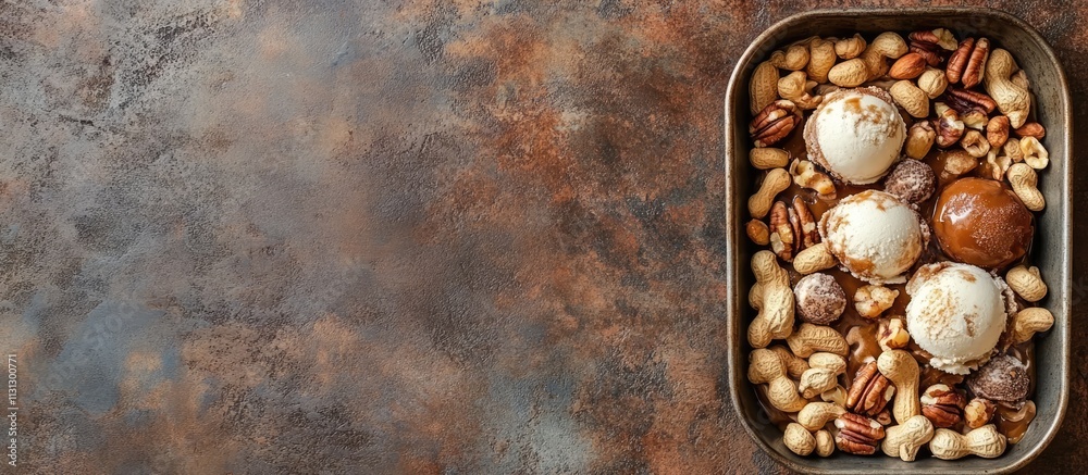 Poster gourmet ice cream with caramel fried peanuts and hazelnuts in metallic tray on rustic backdrop perfe