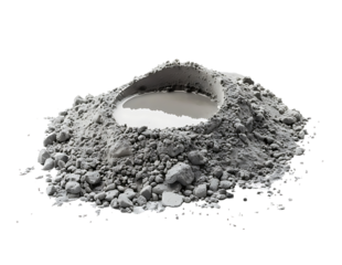 Dry cement and puddle of water, mortar powder pile isolated on white background. high resolution PNG file