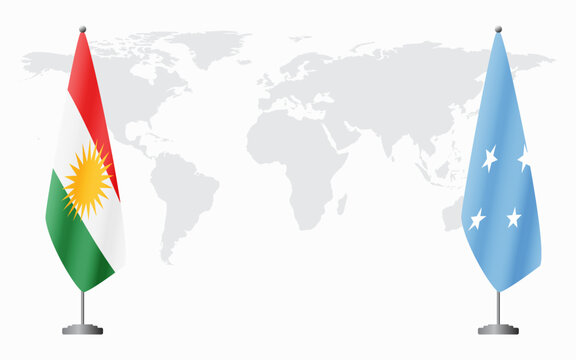 Kurdistan and Micronesia flags for official meeting against background of world map.