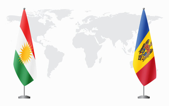 Kurdistan and Moldova flags for official meeting against background of world map.