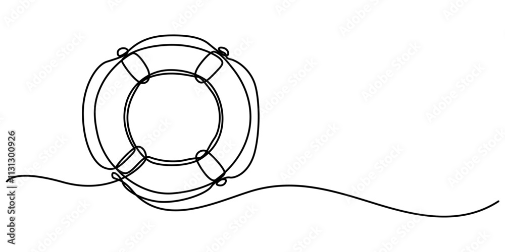 Aufkleber Life Ring, Buoy Continuous Line Drawing with Editable Stroke and Color Elements, Single continuous line drawing lifebuoys, rescue belts, inflatable rubber ring with rope for help and safety of life. 