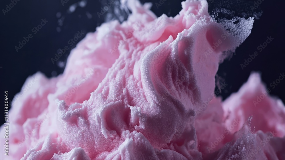 Poster pink fluffy marshmallow zephyr on dark backdrop close up highlighting soft texture and strawberry fl