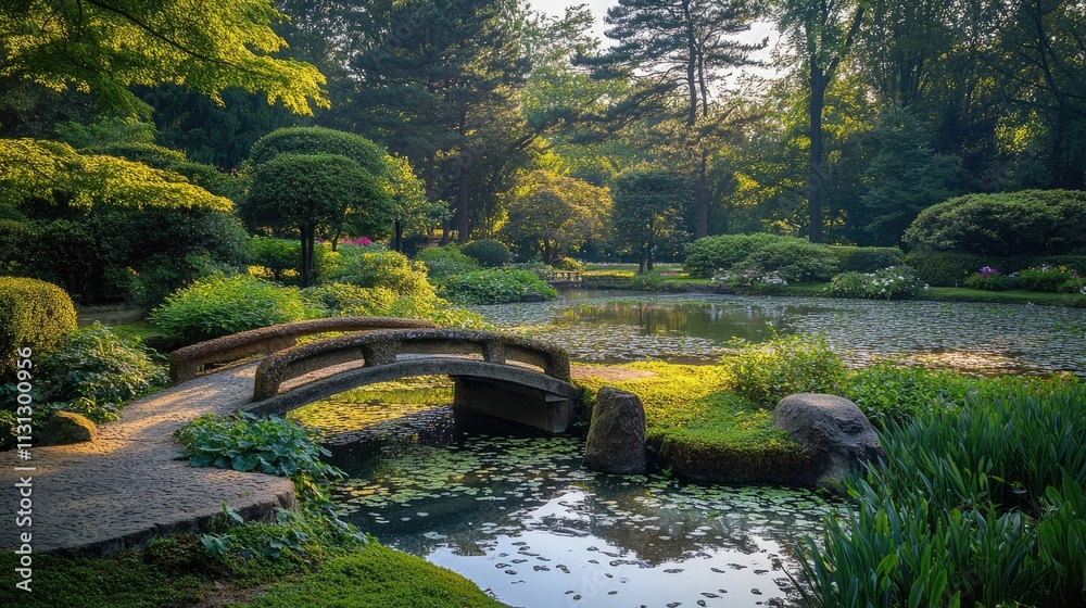 Poster peaceful morning view of a serene pond surrounded by lush vegetation and a charming bridge in a tran