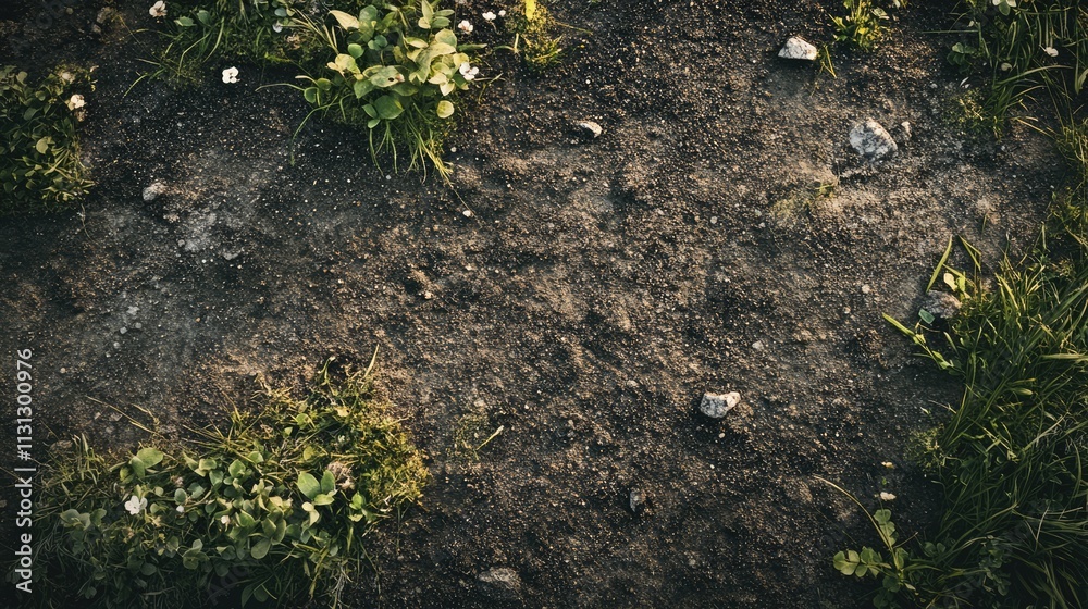 Aufkleber textured soil and grass background with pebbles and small plants creating a natural outdoor environm