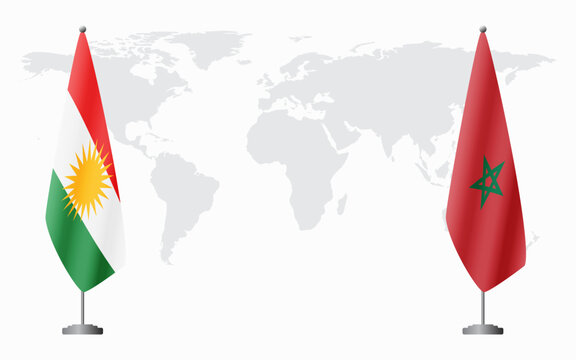 Kurdistan and Morocco flags for official meeting against background of world map.