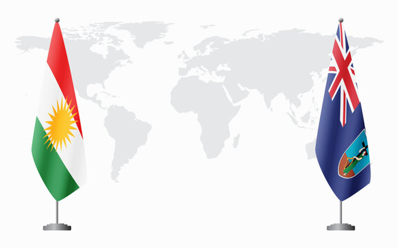 Kurdistan and Montserrat flags for official meeting against background of world map.
