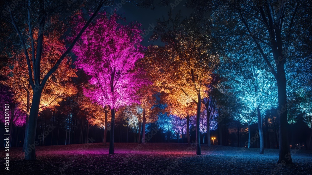 Poster Colorful illuminated trees at night in a park creating a vibrant and enchanting atmosphere with stunning lighting effects.