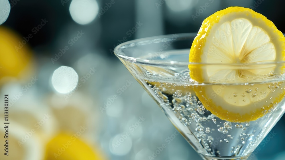 Poster refreshing martini cocktail with lemon slice elegantly presented in a macro shot showcasing bubbles 