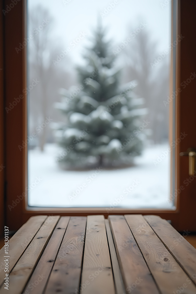 Poster A wooden table sits empty near a blurred window view, with a pine tree standing tall in a snowy winter scene._00004_