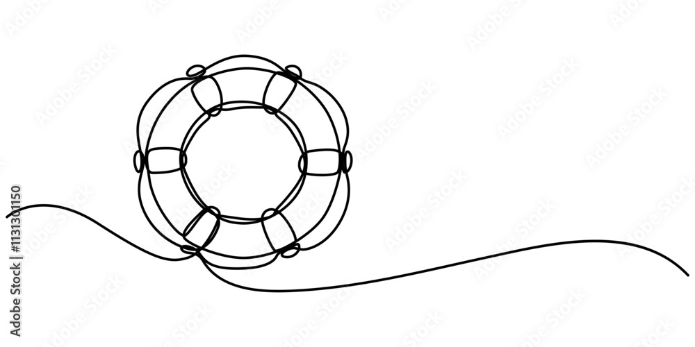 Poster Life Ring, Buoy Continuous Line Drawing with Editable Stroke and Color Elements, Single continuous line drawing lifebuoys, rescue belts, inflatable rubber ring with rope for help and safety of life. 