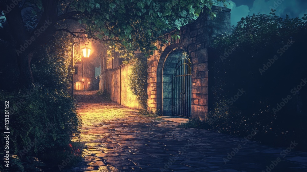 Poster serene evening street with illuminated gate and lush greenery in historic setting