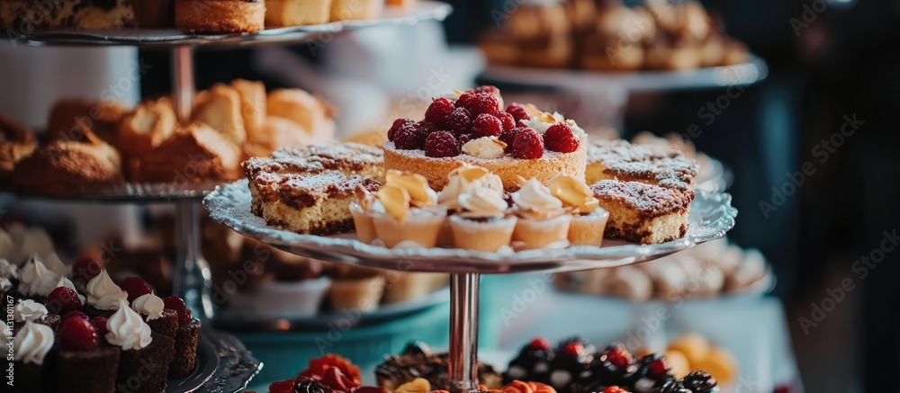 Poster display of assorted desserts including cakes pastries and fruits elegantly arranged on tiered stands
