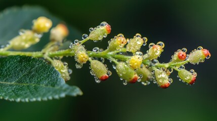 Ilex aquifolium branch with small red berries and dewdrops glistening naturally on lush green leaves in a serene environment