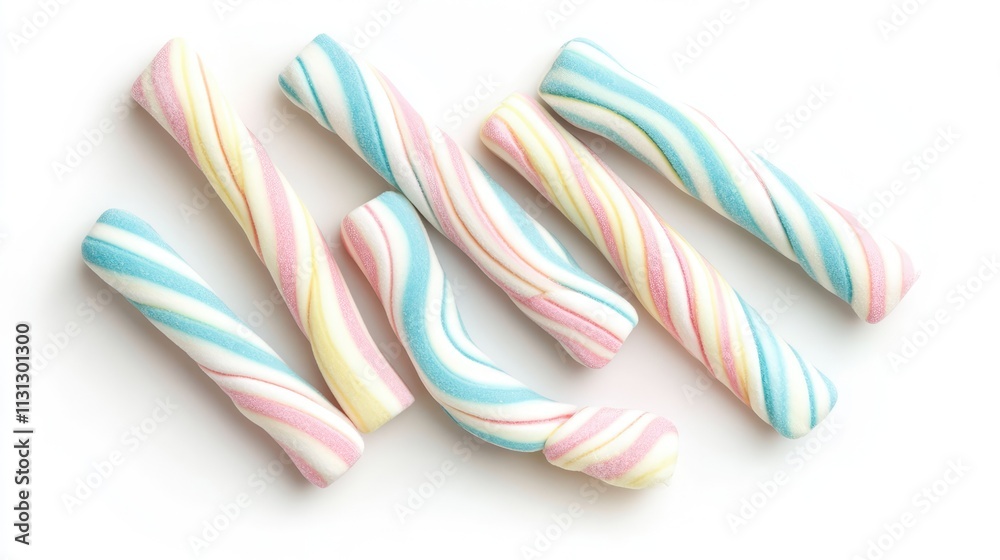 Aufkleber Colorful marshmallow candies arranged in a diagonal pattern against a white background, isolated from above for a visually appealing presentation