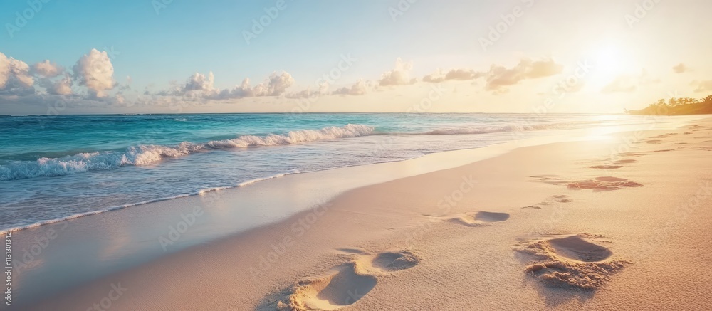 Poster footprints in the soft sand of a tranquil beach at sunset with gentle waves and a serene sky creatin