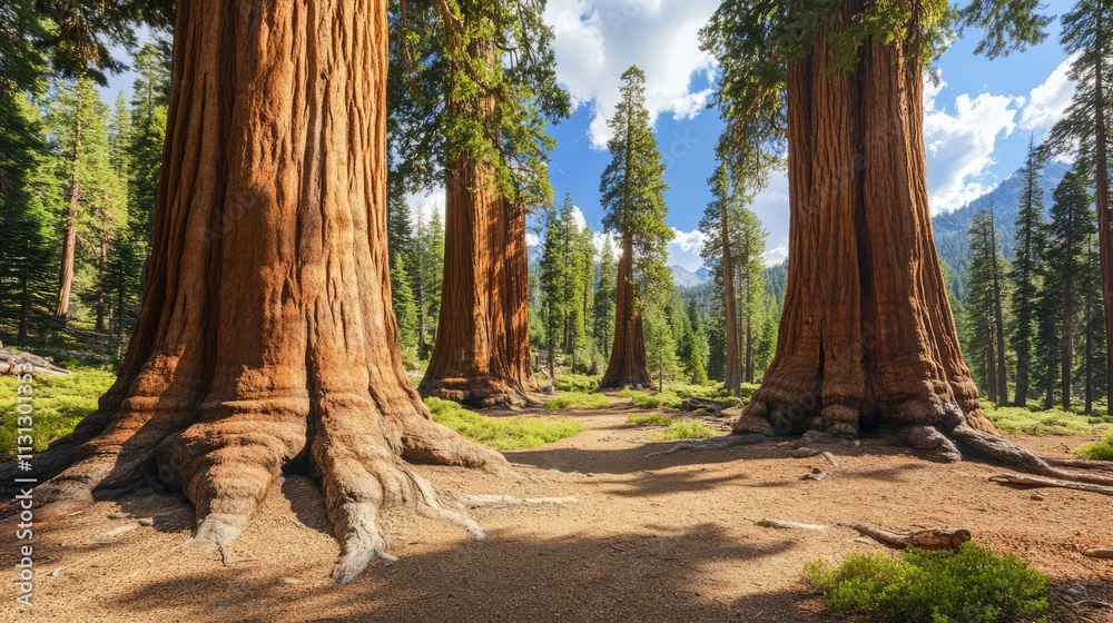 Poster majestic giant trees create a serene forest landscape under a blue sky with wispy clouds and vibrant