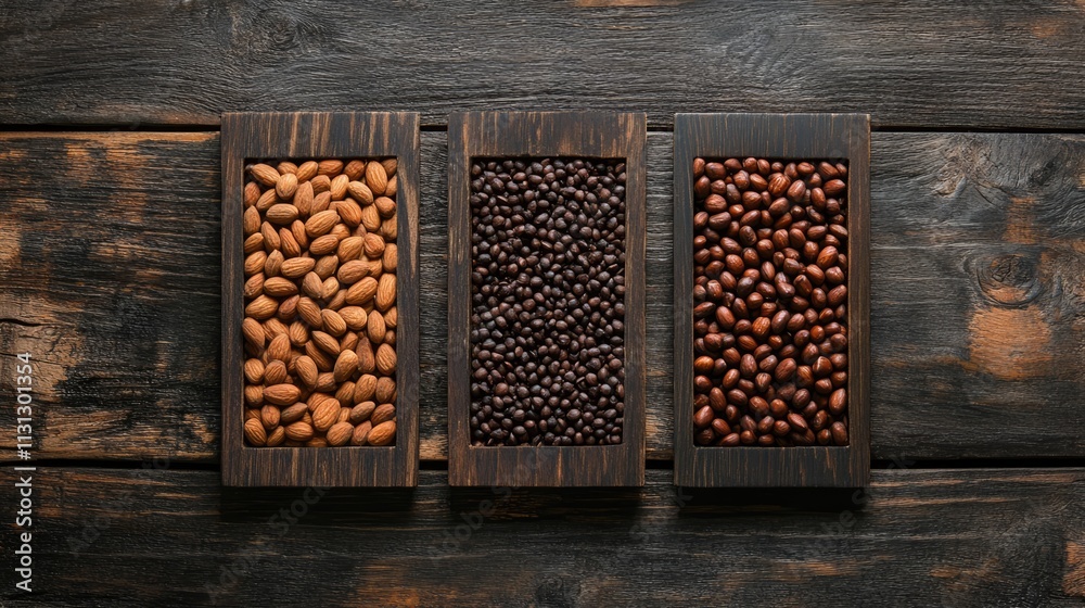 Poster arrangement of three types of nuts in wooden trays on rustic wooden background