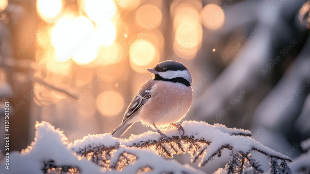 Poster marsh tit perched on frosty branch in snow-covered forest at twilight with golden sunlight glowing i