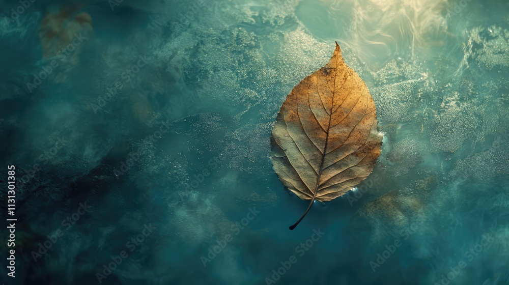 Poster Autumn leaf floating on tranquil brook water with long exposure effect creating a serene natural atmosphere and beautiful composition
