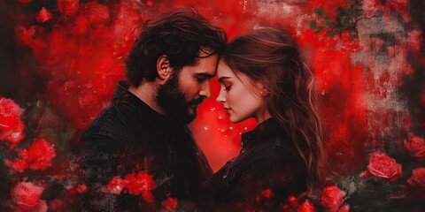 Romantic Couple Embracing with Red Roses and Passionate Artistic Background