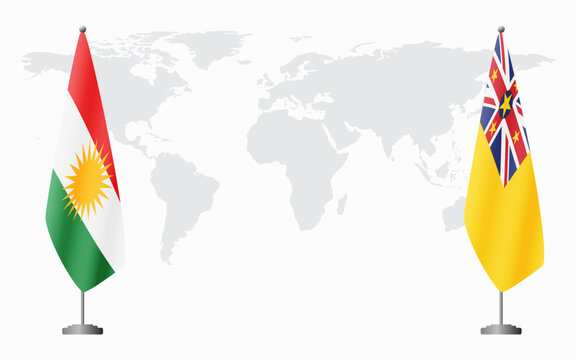 Kurdistan and Niue flags for official meeting against background of world map.