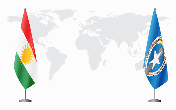 Kurdistan and Northern Mariana Islands flags for official meeting against background of world map.
