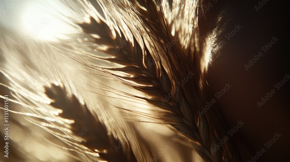 Poster Backlit macro image of golden wheat ears illuminated by soft natural light showcasing textures and details of nature.