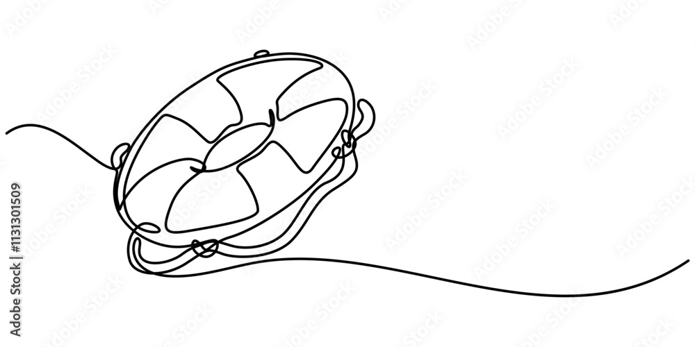 Aufkleber Life Ring, Buoy Continuous Line Drawing with Editable Stroke and Color Elements, Single continuous line drawing lifebuoys, rescue belts, inflatable rubber ring with rope for help and safety of life. 