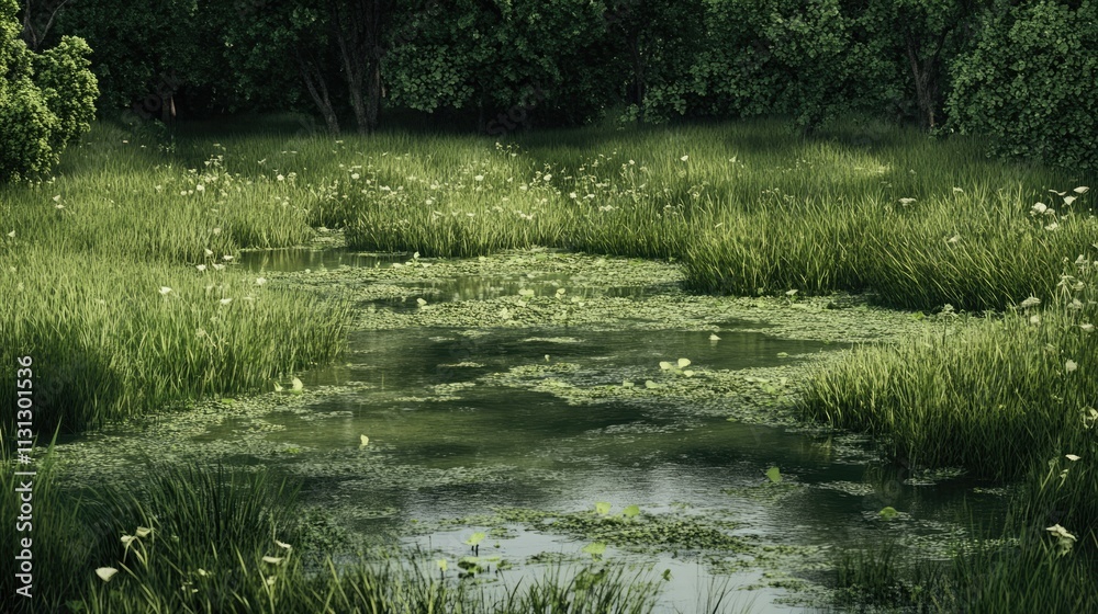 Aufkleber lush marshland with serene pond surrounded by vibrant greenery and wildflowers under a clear sky in 