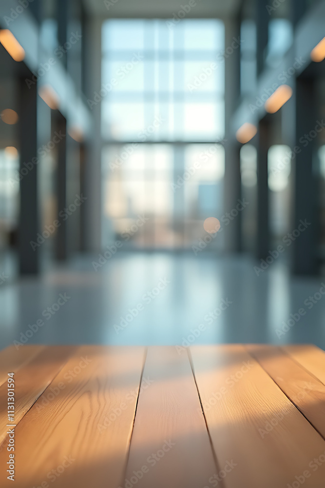 Poster A wooden table sits atop a blurred office building in the background of a large empty hall._00004_