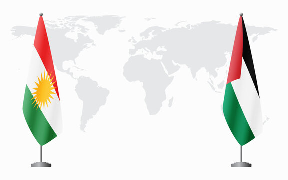 Kurdistan and Palestine flags for official meeting against background of world map.