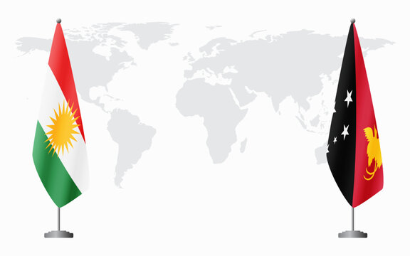 Kurdistan and Papua New Guinea flags for official meeting against background of world map.