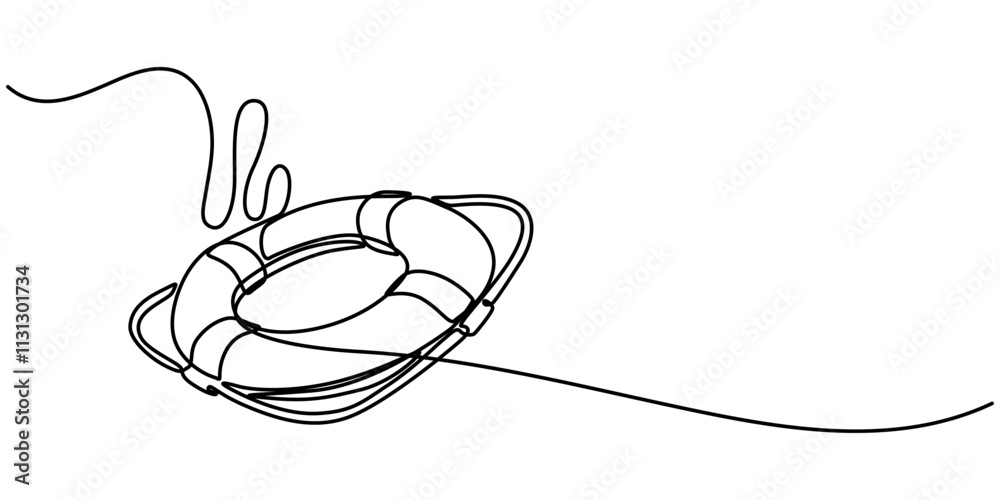 Aufkleber Life Ring, Buoy Continuous Line Drawing with Editable Stroke and Color Elements, Single continuous line drawing lifebuoys, rescue belts, inflatable rubber ring with rope for help and safety of life. 