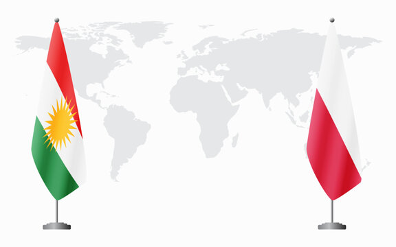 Kurdistan and Poland flags for official meeting against background of world map.
