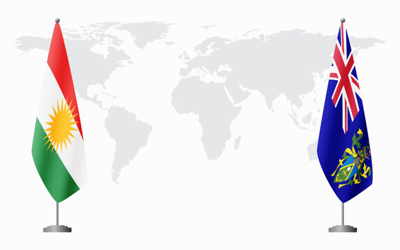 Kurdistan and Pitcairn Islands flags for official meeting against background of world map.