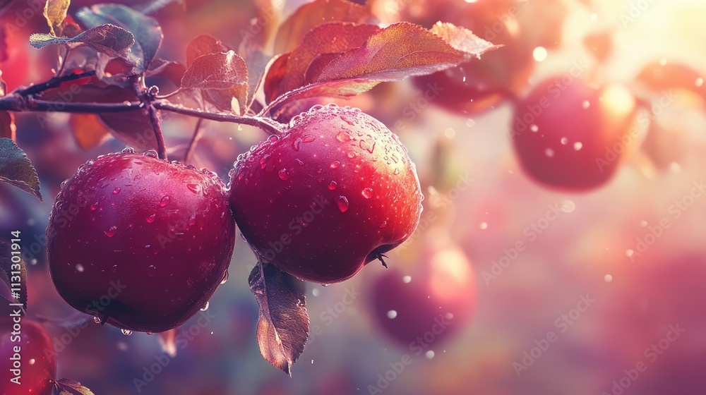 Poster Freshly picked ripe apples glistening with dew on a tree branch in a serene orchard setting during golden hour light