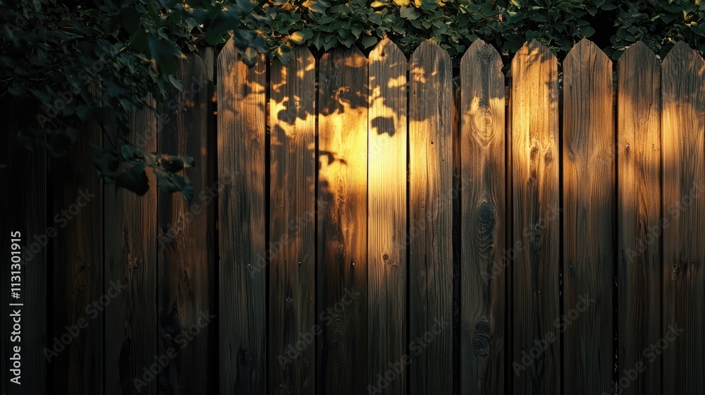 Poster warm sunlight illuminating a wooden fence with subtle shadows and greenery creating a serene outdoor