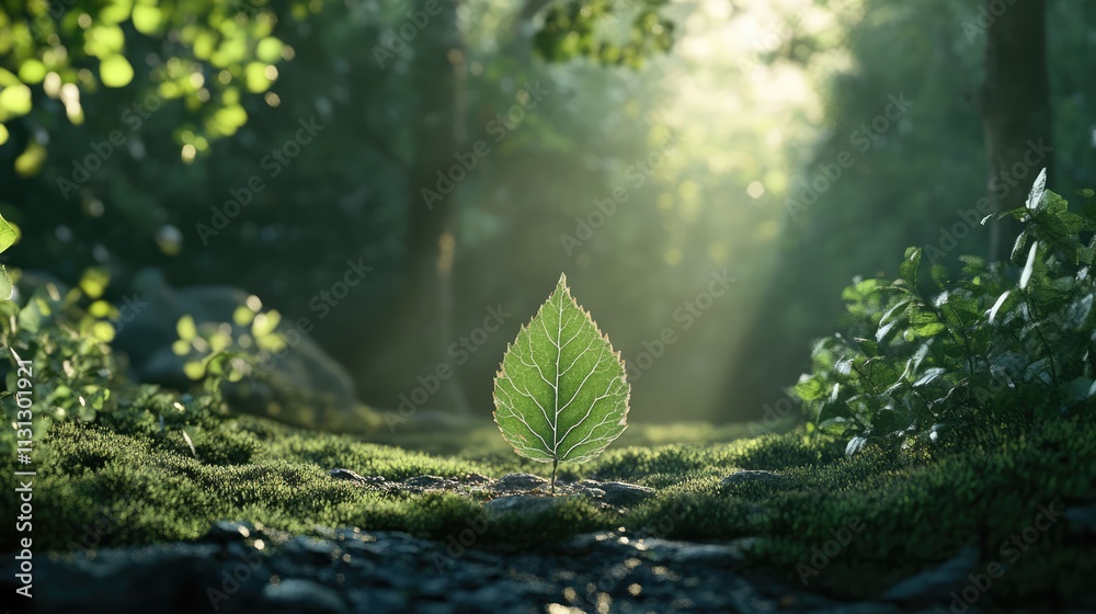 Poster A single green leaf resting on mossy ground illuminated by soft sunlight in a serene forest setting