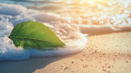 Fototapeta premium Green leaf resting on sandy beach shore with gentle waves and warm sunlight creating a serene coastal atmosphere.