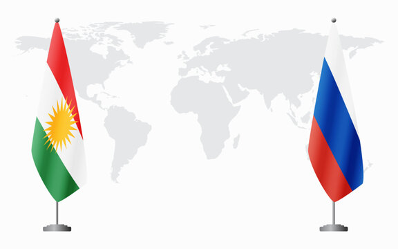 Kurdistan and Russia flags for official meeting against background of world map.