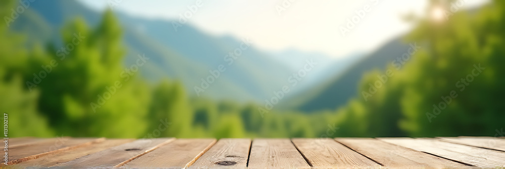 Poster A wooden table sits atop a blurred background of trees and mountains in a serene summer nature scene with lush greenery._00003_