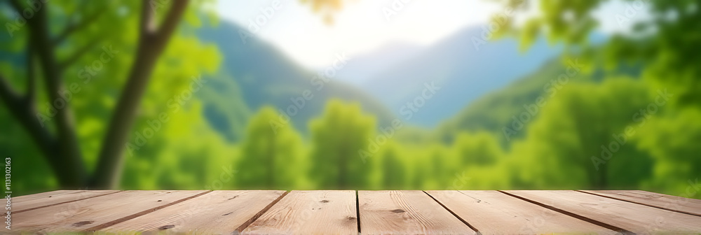 Poster A wooden table sits atop a blurred background of trees and mountains in a serene summer nature scene with lush greenery._00002_