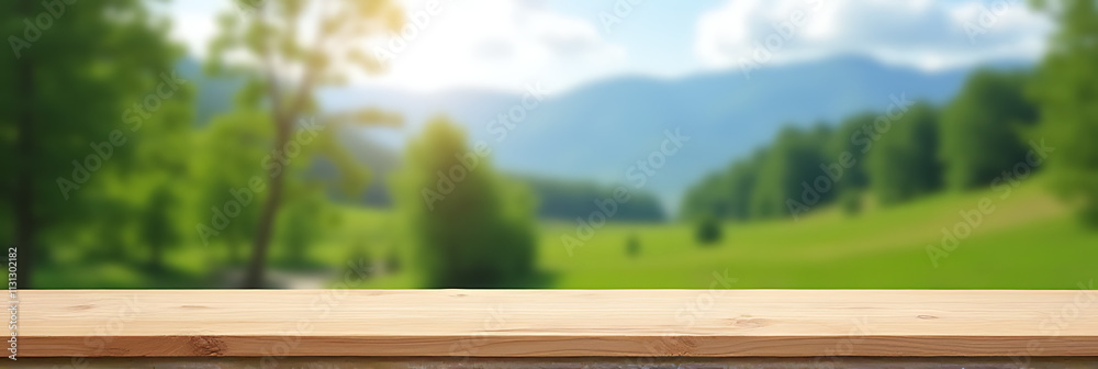 Poster A wooden table sits atop a blurred background of trees and mountains in a serene summer nature scene with lush greenery._00001_