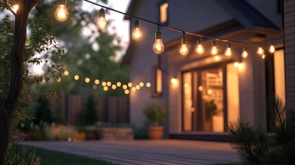 Naklejka premium Cozy outdoor lighting with hanging light bulbs illuminating a warm and inviting home in a tranquil evening setting.