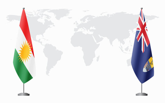 Kurdistan and Saint Helena flags for official meeting against background of world map.
