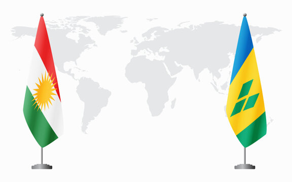 Kurdistan and Saint Vincent and the Grenadines flags for official meeting against background of world map.