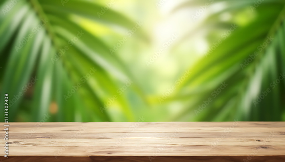 Poster A wooden table and counter are placed in front of a blurred coconut leaf background to showcase summer and natural products._00004_
