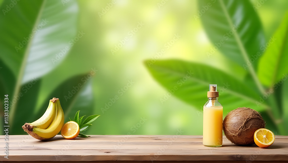 Poster A wooden table and counter are placed in front of a blurred coconut leaf background to showcase summer and natural products._00003_