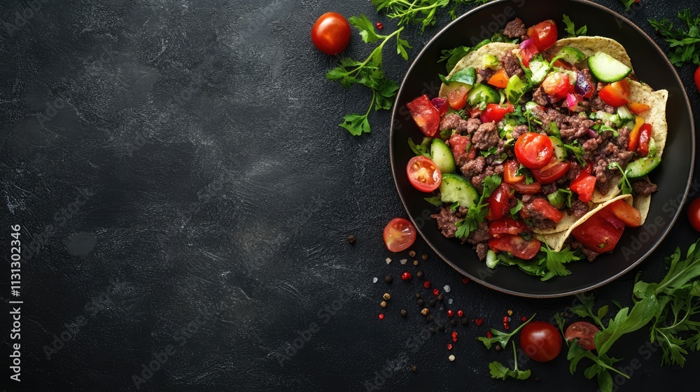 Poster delicious nachos topped with seasoned beef and fresh vegetables in a black bowl on a dark background